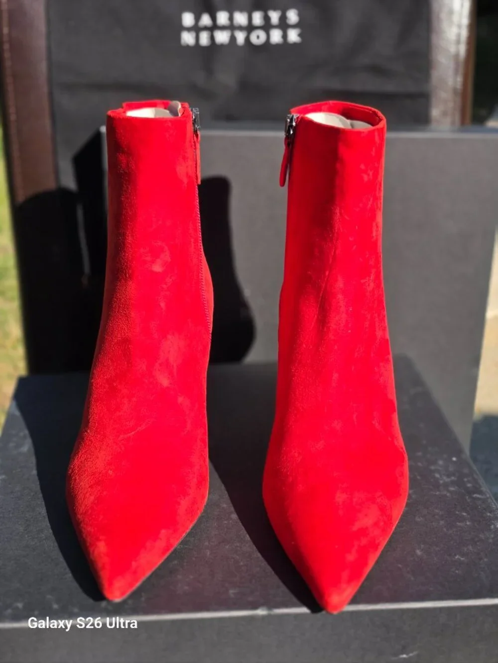 OTIS Red Suede Pointed Toe Zippered Booties 8 Barneys NY Box 65mm Camoscio Lips
